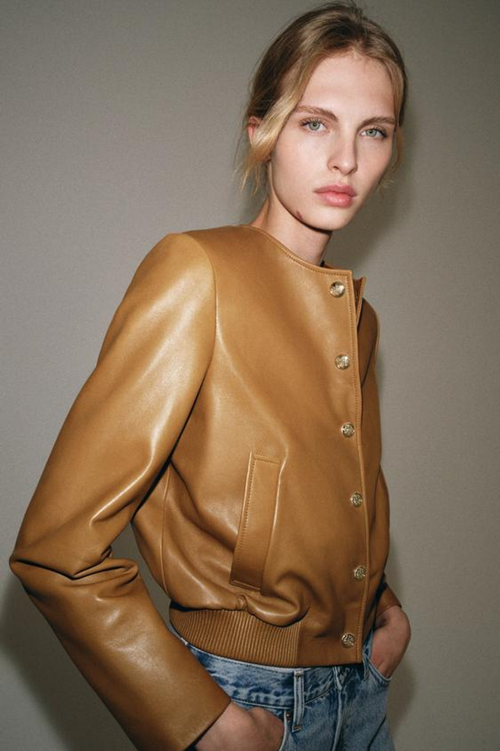 ZARA БОМБЕР ИЗ 100% КОЖИ — ZW COLLECTION, КАРАМЕЛЬНЫЙ