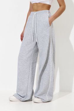 Широкие джоггеры без начеса с кантом цвета серый меланж