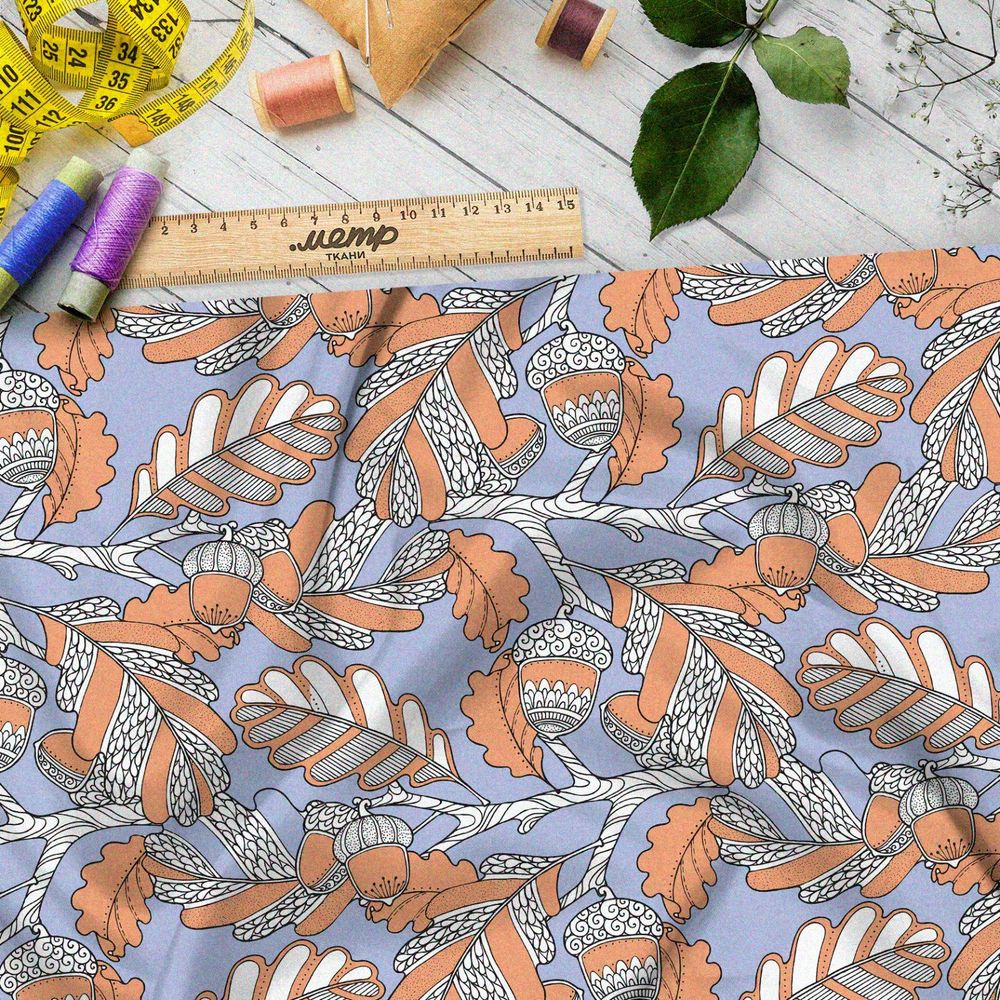 Ткань дюспо резной оранжевый дуб с жёлудями на голубом фоне
