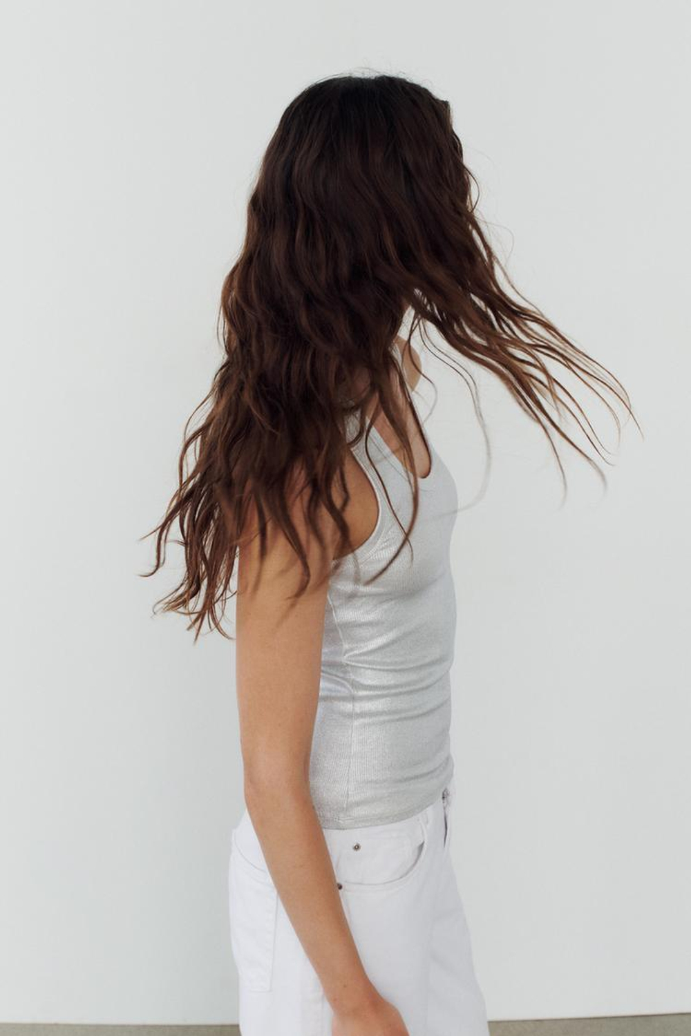 ZARA ТОП В РУБЧИК С МЕТАЛЛИЗИРОВАННОЙ ОТДЕЛКОЙ, СЕРЕБРИСТЫЙ