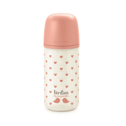 Стеклянная бутылочка для кормления Suavinex Birdies 240 мл, 0 мес+, розовая