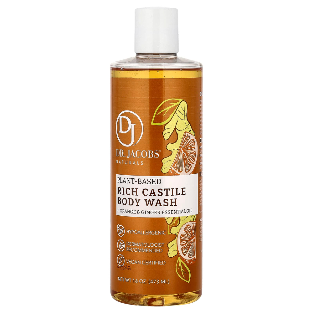 Dr. Jacobs Naturals, кастильский гель для душа на растительной основе, эфирное масло апельсина и имбиря, 473 мл (16 унций)
