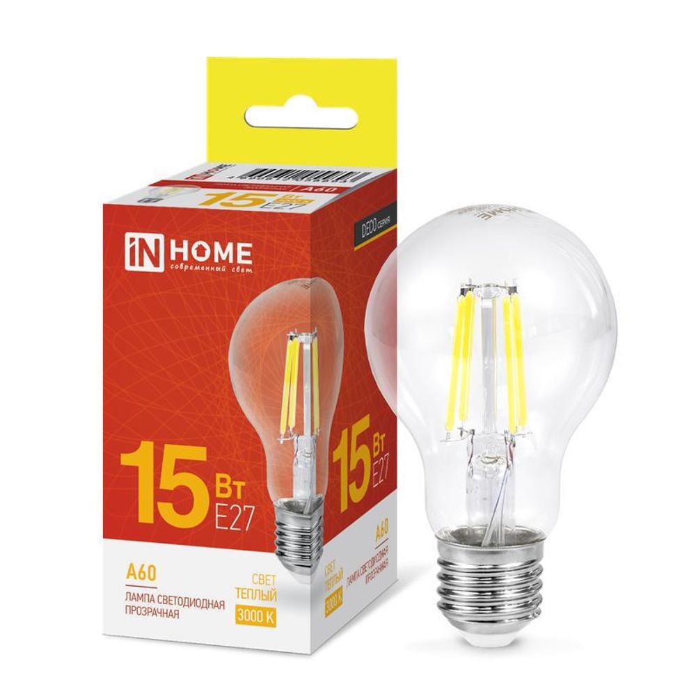 Лампа светодиодная филаментная LED-A60-deco грушевидная прозрачная 15Вт 230В E27 3000К 1480лм IN HOME 4690612055893