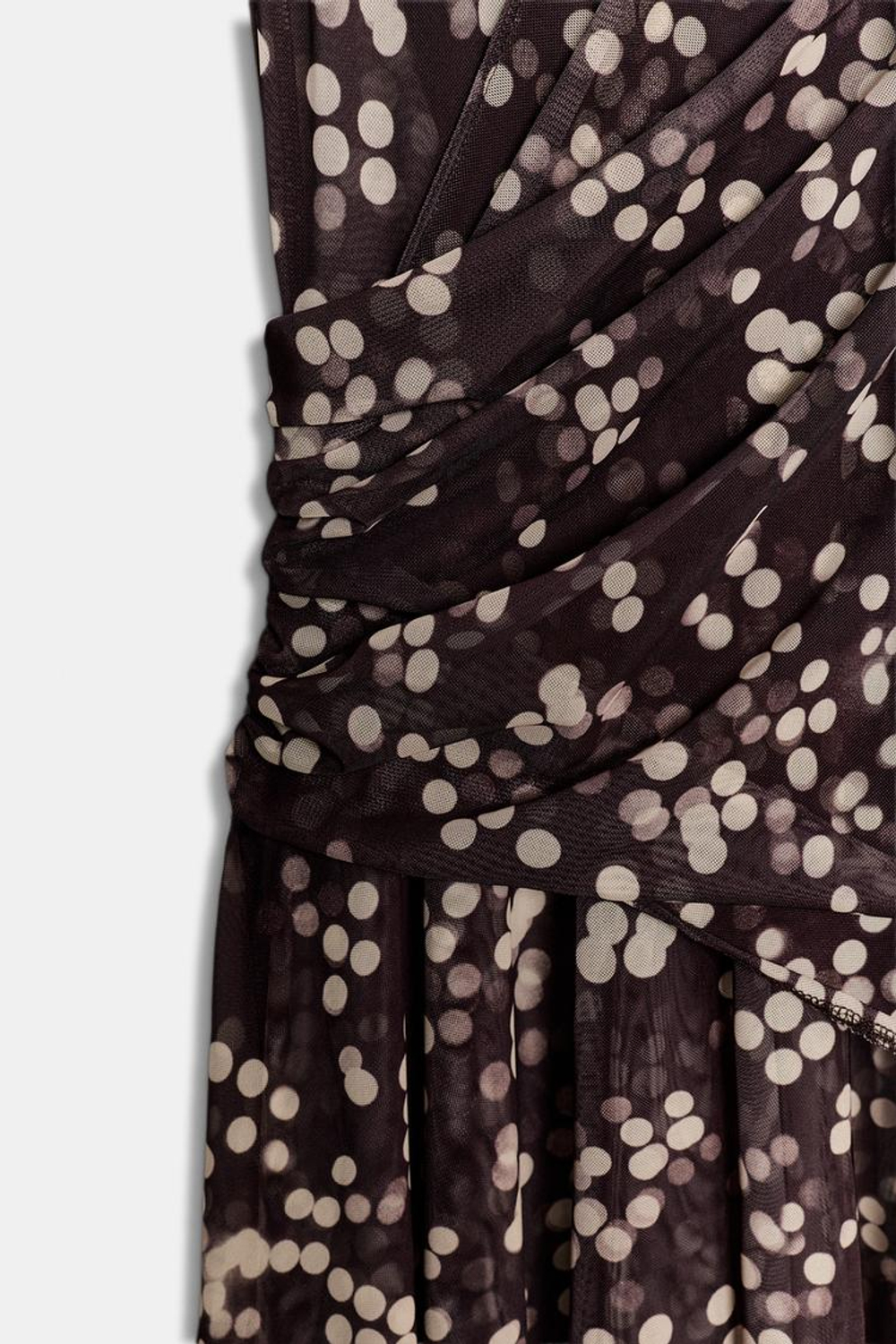 ZARA ДЛИННОЕ ПЛАТЬЕ ИЗ ПОЛУПРОЗРАЧНОЙ ТКАНИ В ГОРОШЕК, КОРИЧНЕВЫЙ/ЭКРЮ