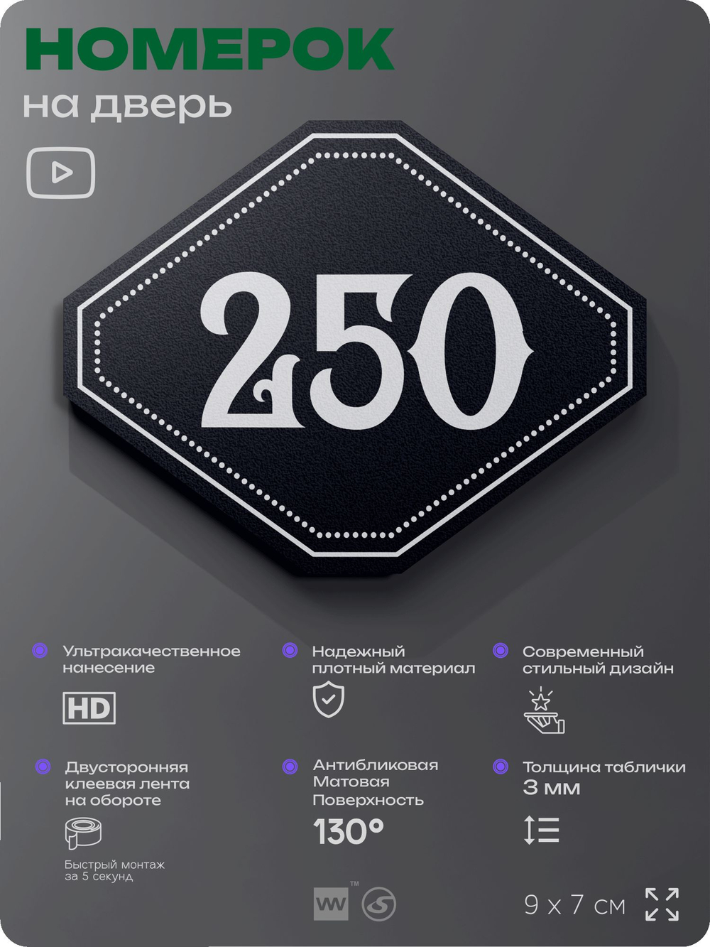 Номерок на дверь квартиры 250, для кабинета, офиса, шильдик 9 х 7 см, черный, Айдентика Технолоджи