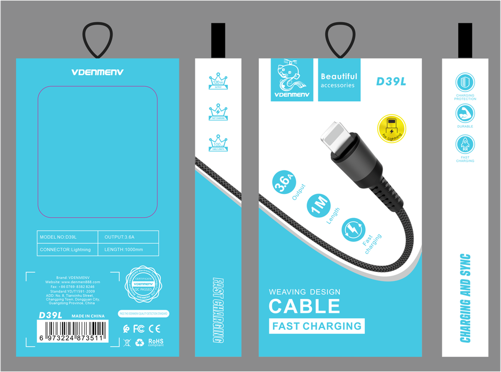 Кабель USB - Lightning DENMEN D39L 3.6A (черный) 1м