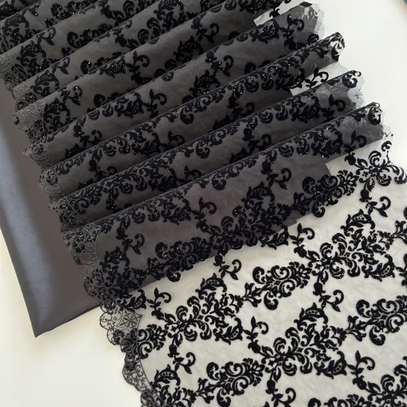 Кружево флок на сетке черное 25 см