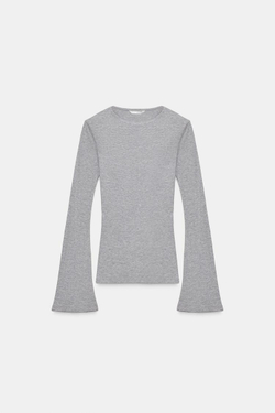 ZARA ФУТБОЛКА В РУБЧИК С РАСКЛЕШЕННЫМИ РУКАВАМИ, СЕРЫЙ МЕЛАНЖ