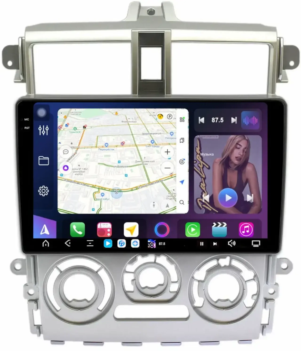 Магнитола для Mitsubishi Colt 6 2002-2012, Colt Plus (правый руль, рамка серебро) - FarCar GX9-9626F2S монитор 9.5" 2K QLED на Android 14, TS20, 6+128Гб, CarPlay, 4G SIM-слот