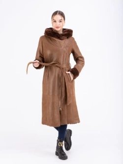 Дубленка женская натуральная длинная с капюшоном Турция