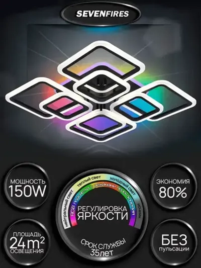 Семь Огней Люстра потолочная светодиодная с пультом и RGB подсветкой, черная