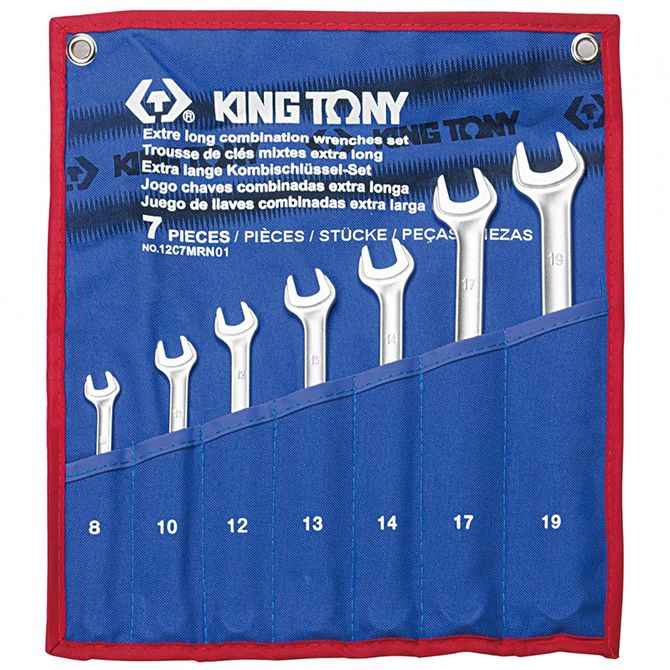 KING TONY (12C7MRN01) Набор комбинированных удлиненных ключей, 8-19 мм, чехол из теторона, 7 предметов