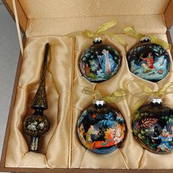 Сувенирный набор из 4-х новогодних шаров и наконечника с ручной росписью Палех "Сказки"