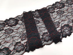Эластичное кружево, 21 см, черное с красной кордовой нитью, (Арт: EK-2527), м