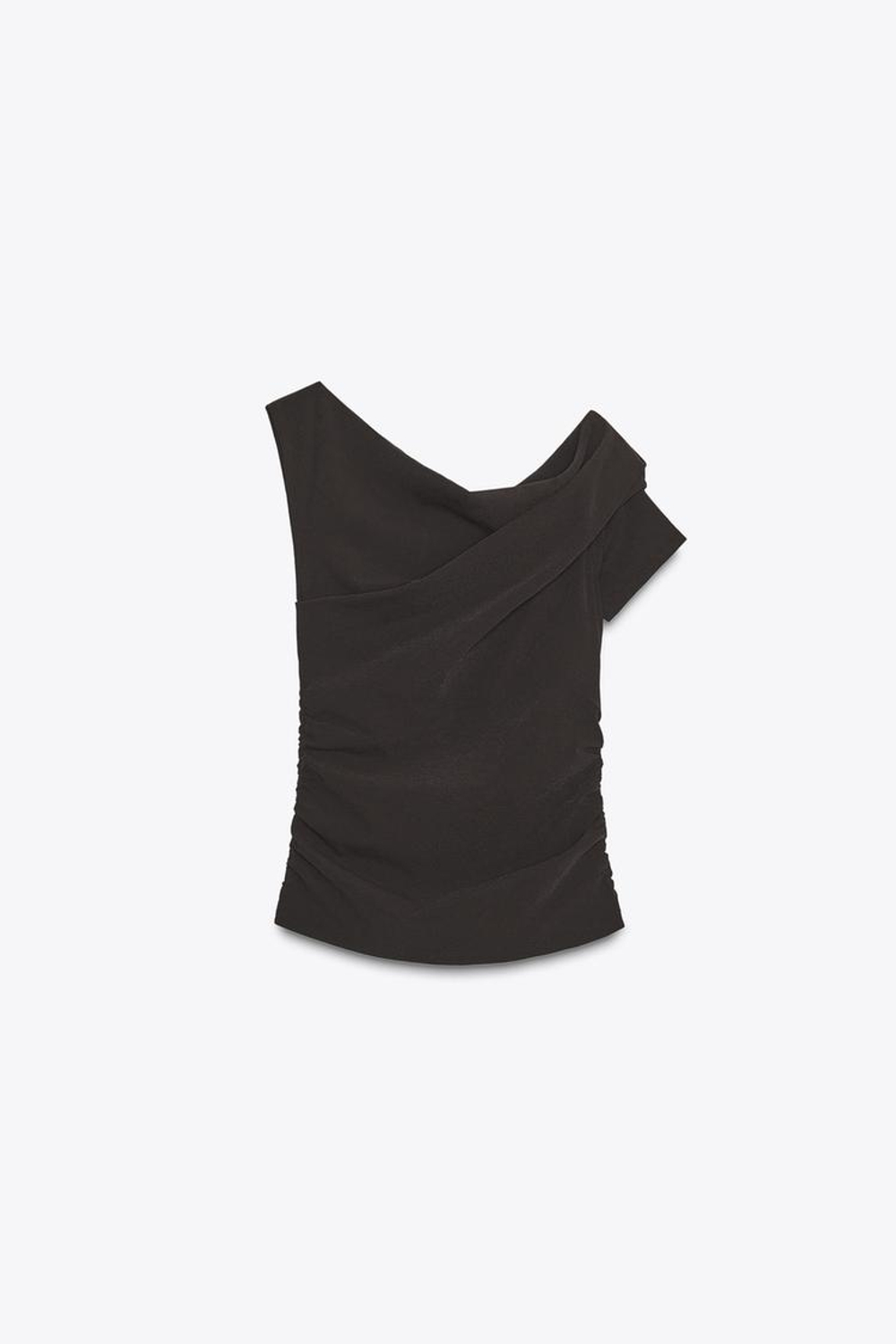 ZARA АСИММЕТРИЧНЫЙ ТОП СО СБОРКАМИ, ТЕМНО-КОРИЧНЕВЫЙ