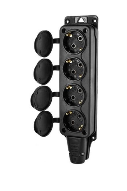 Розетка (колодка) четыхместная DYNEL с крышками с/з каучук 2P+PE 230V 16А IP54 Черная (1/48)