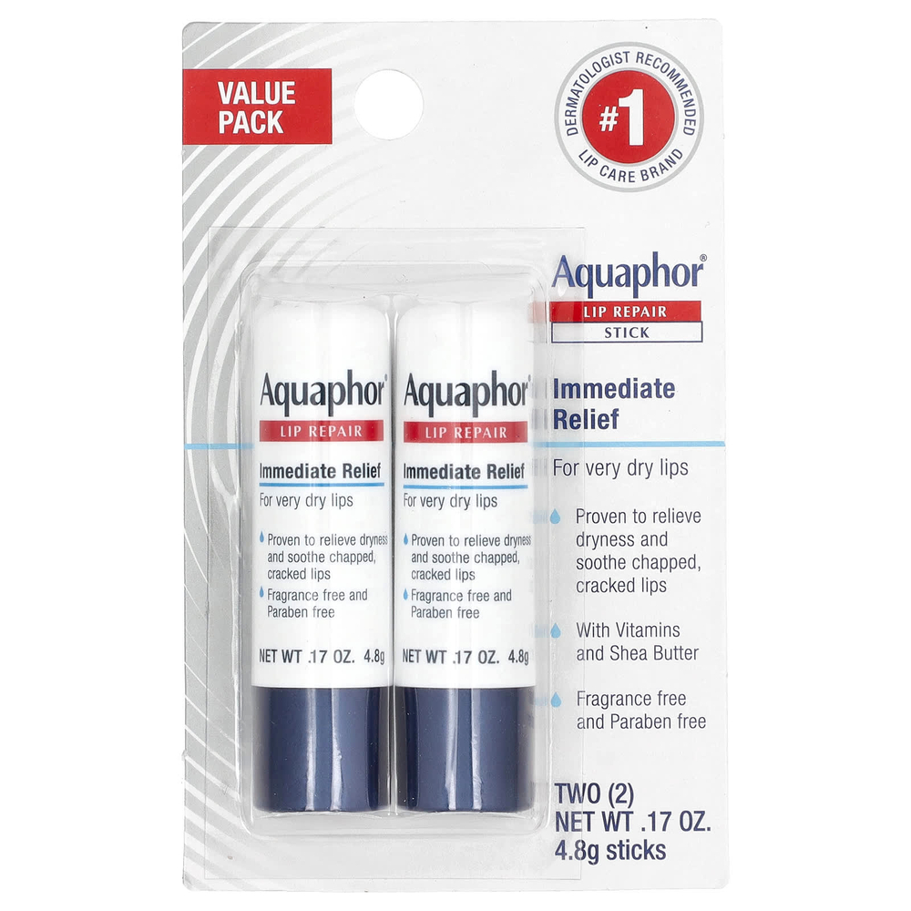 Aquaphor, стик для восстановления губ, мгновенное облегчение, 2 стика по 4,8 г (0,17 унции)