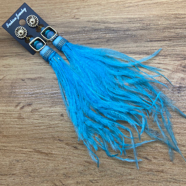 Серьги-гвоздики Экзо квадрат рамка бусинки перья цвет голубой металл золотистый