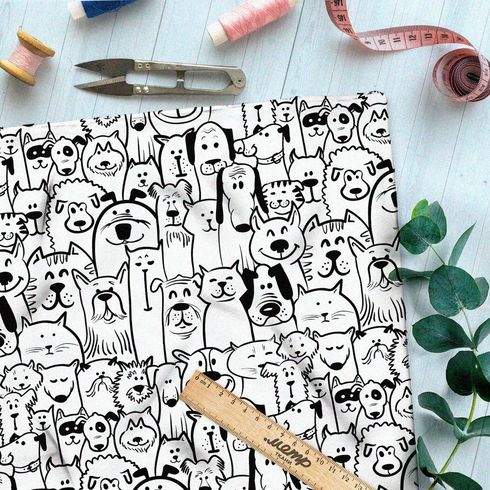 Ткань оксфорд 210 чёрно-белые собаки