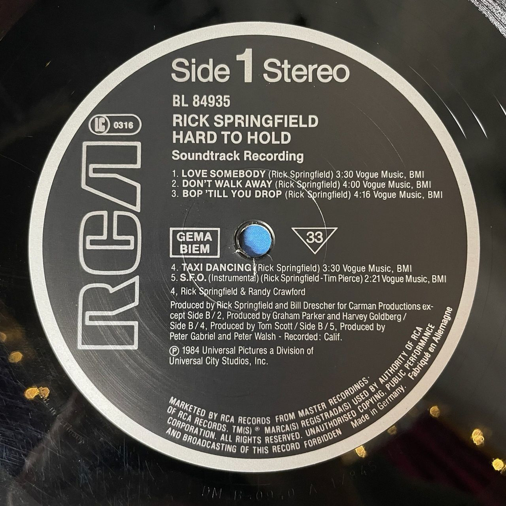 Винтажная виниловая пластинка LP Rick Springfield Hard To Hold Soundtrack Recording (Germany 1984)