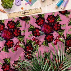 Ткань бифлекс чёрно-красные живописные цветы