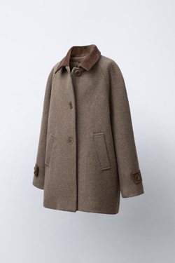 ZARA ПАЛЬТО ИЗ КОНТРАСТНОГО ВЕЛЬВЕТА С ШЕРСТЬЮ, СЕРОВАТО-КОРИЧНЕВЫЙ