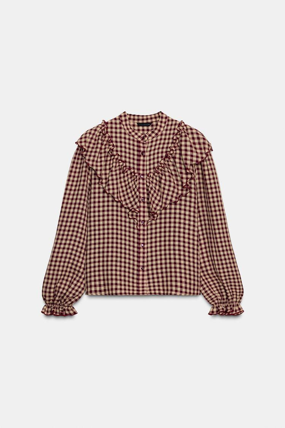 ZARA БЛУЗА В КЛЕТКУ ВИШИ С ВОЛАНАМИ, БУРГУНДИ