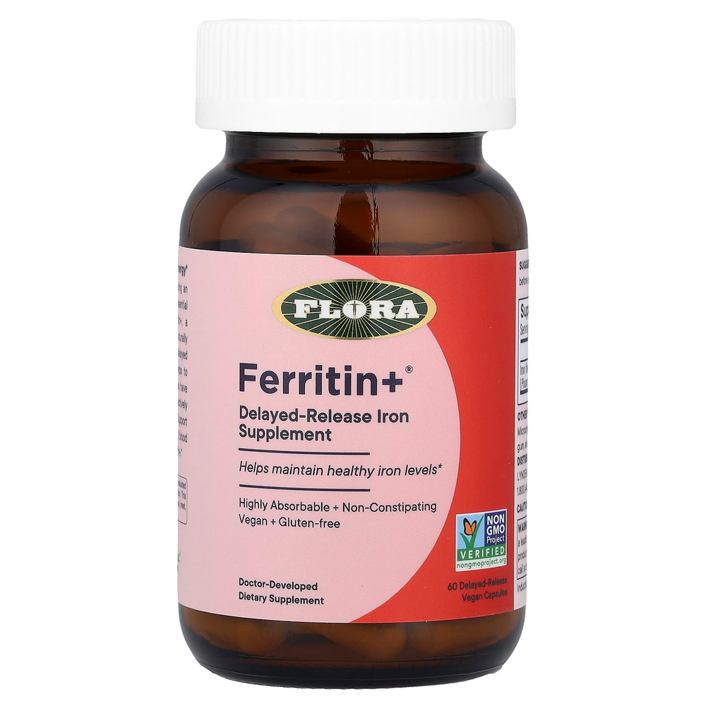 Flora, Ferritin +®, 60 веганских капсул с отсроченным высвобождением (20 мг в 1 капсуле)