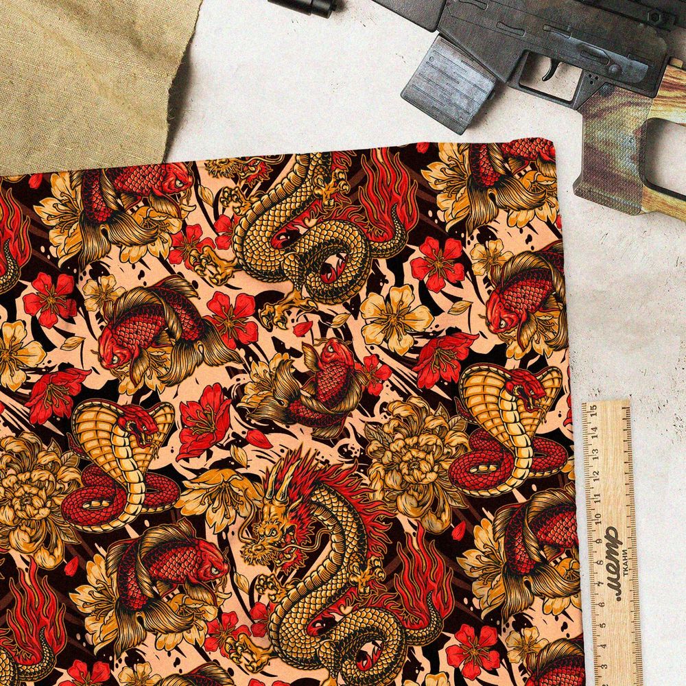 Ткань оксфорд 600 красные кобры и золотые цветы