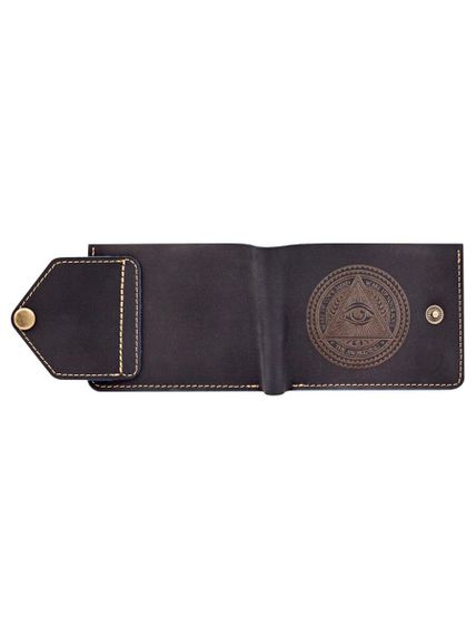 Фото компактного портмоне Всевидящее Око из синей кожи, в развернутом виде с фасада.