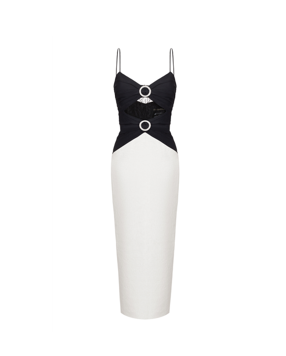 Платье миди из льна и кружева драпированное с пряжками