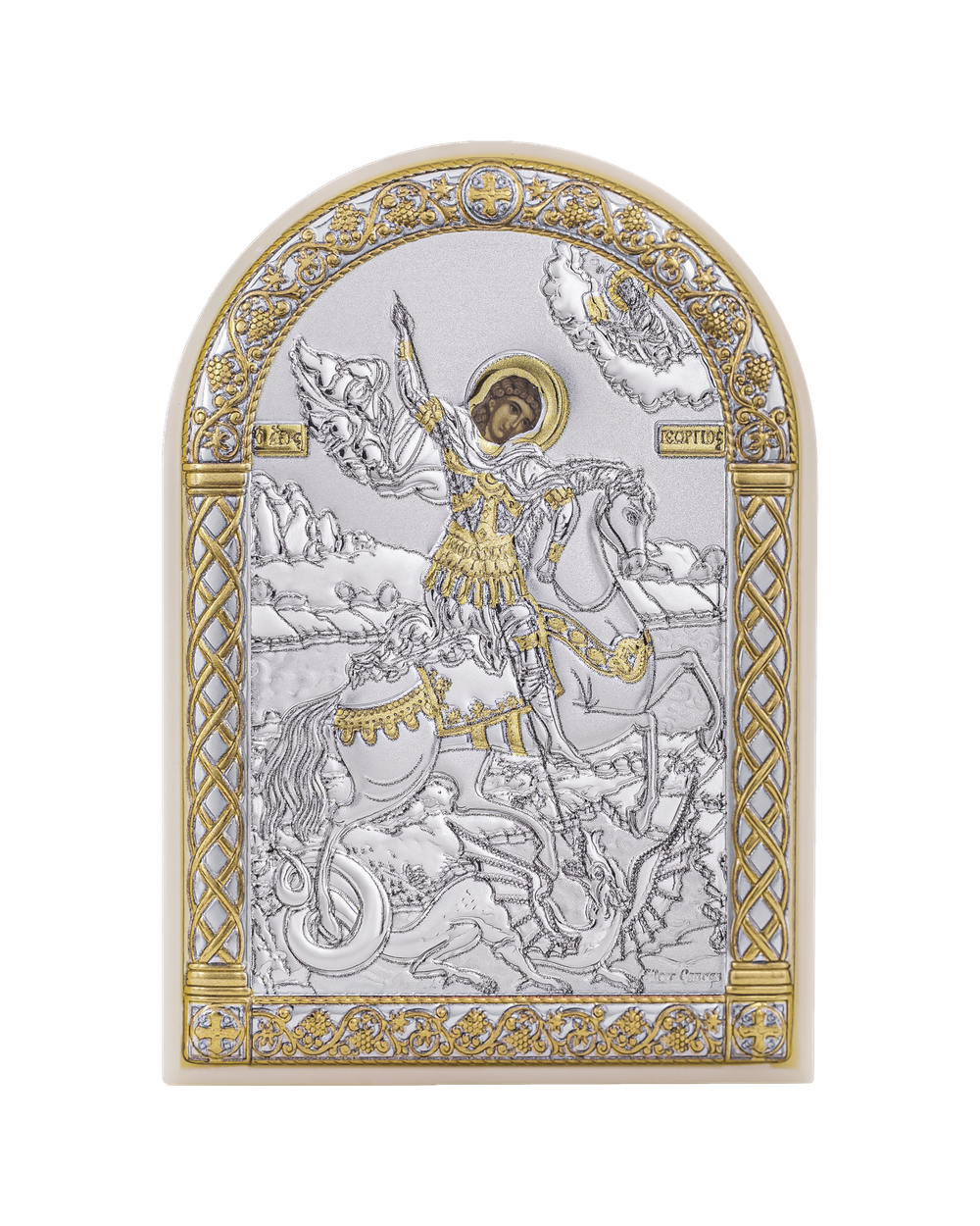 Георгий Победоносец, икона арочная, пластик белый 80х115