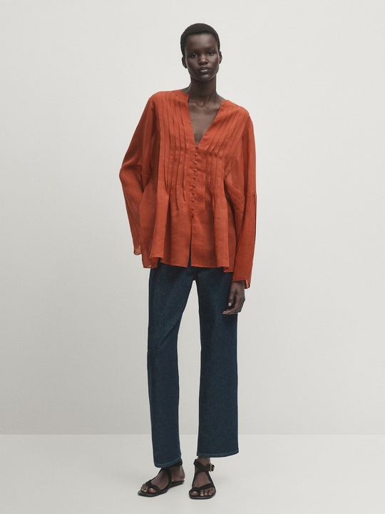 Massimo Dutti Рубашка из смесовой ткани рами с защипами, жжено-оранжевый