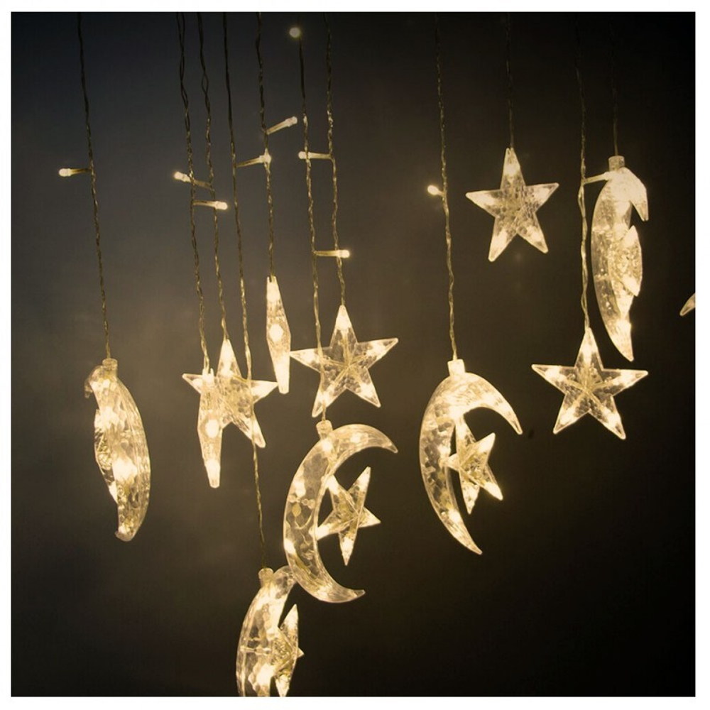 Гирлянда Звезда и Месяц , многорежимная, соединяемая, теплый белый
