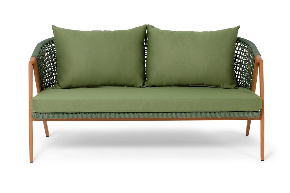 "Амстердам" диван 2-местный плетеный из роупа, каркас алюминий, роуп зеленый круглый, ткань зеленая