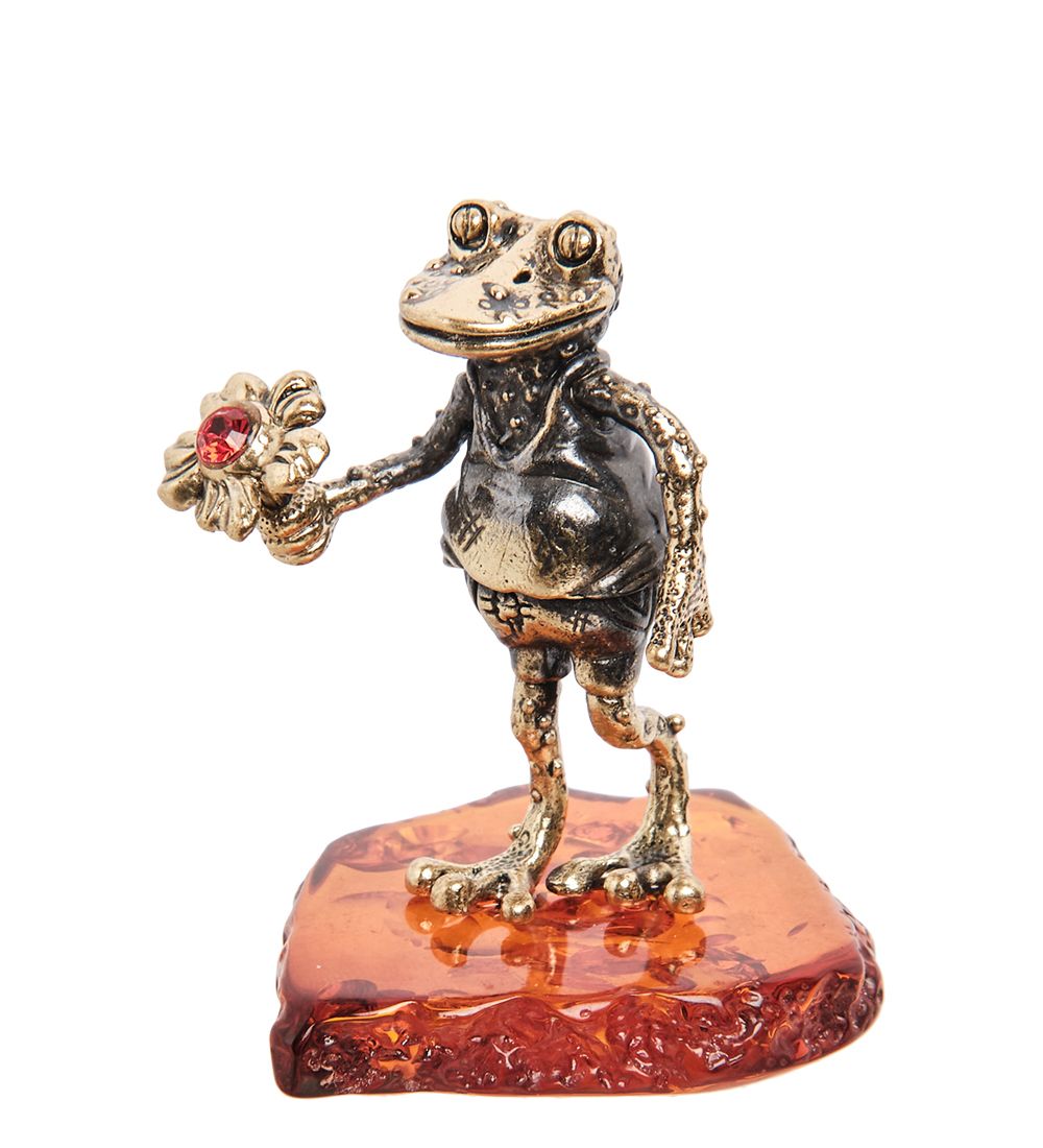 Народные промыслы AM-1494 Фигурка «Лягушка с цветком» (латунь, янтарь)