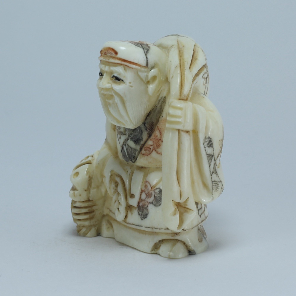 Эксклюзивная нэцкэ Дзюродзин с мешком риса и корзиной рыбы