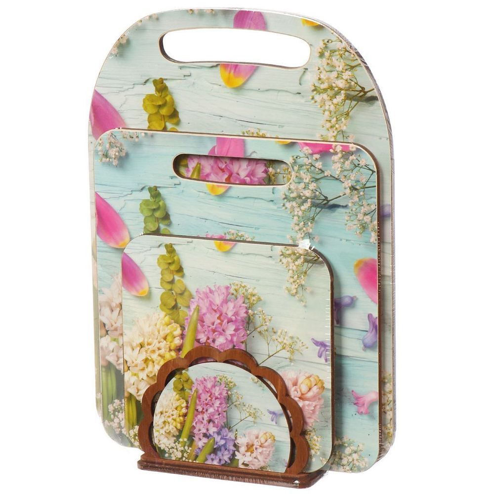 Доска разделочная дерево, салфетница 1 шт, 3 шт, с ручкой, мультиколор, прямоуг, Цветы, КМ-4