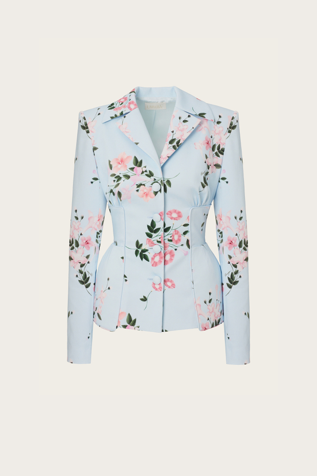 Приталенный жакет из голубого хлопка с цветочным принтом