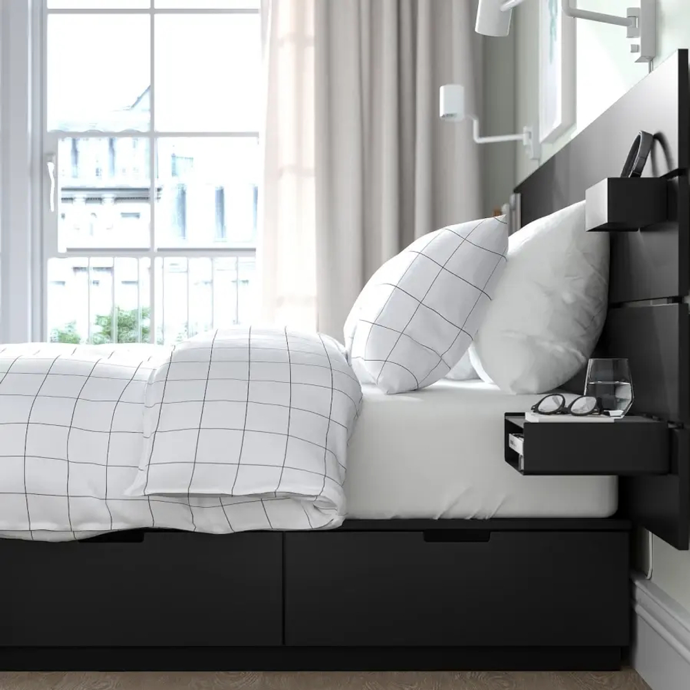 Каркас кровати с контейнером и матрасом - IKEA NORDLI, 200х140 см, черный, НОРДЛИ ИКЕА