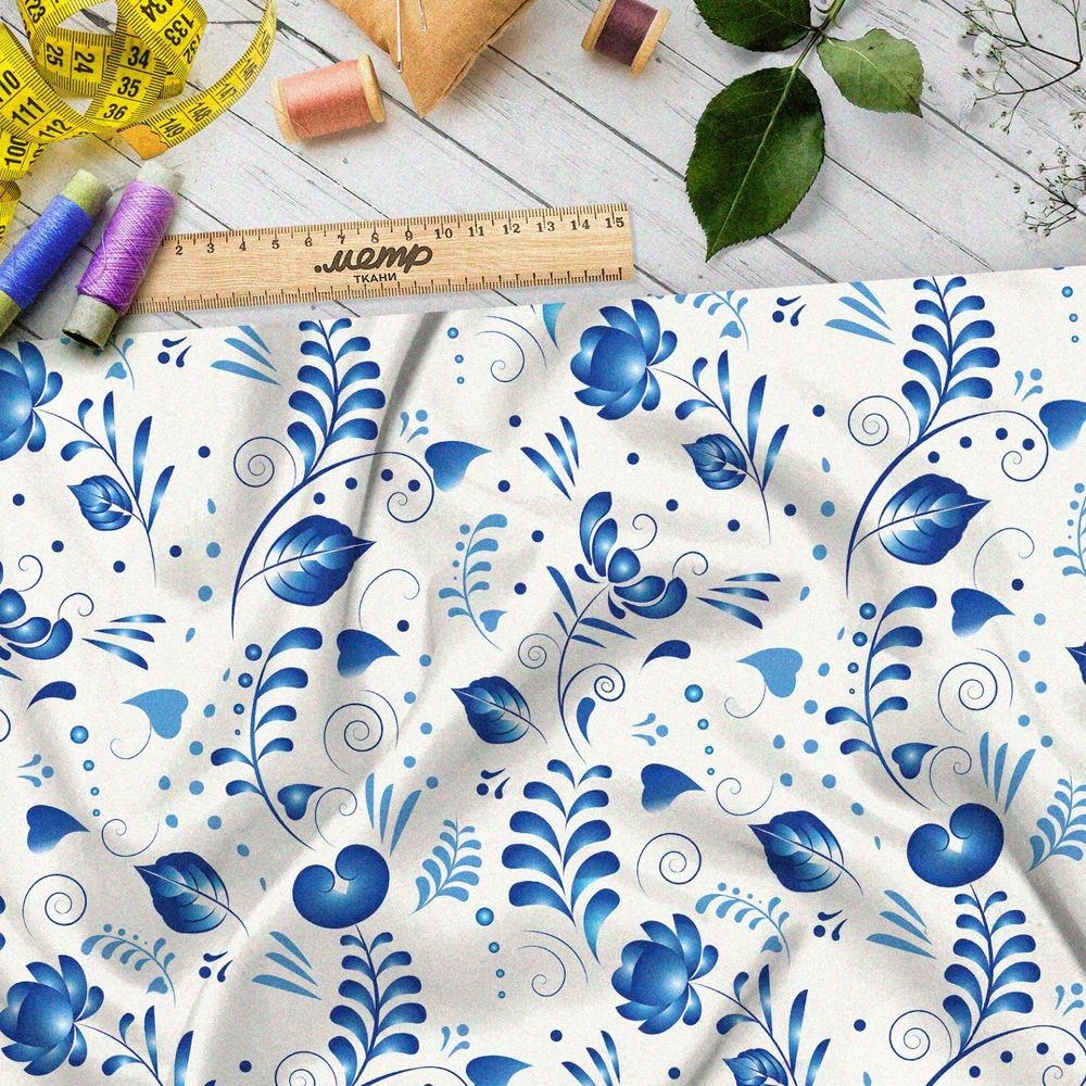 Ткань сатин редкая гжель на белом фоне