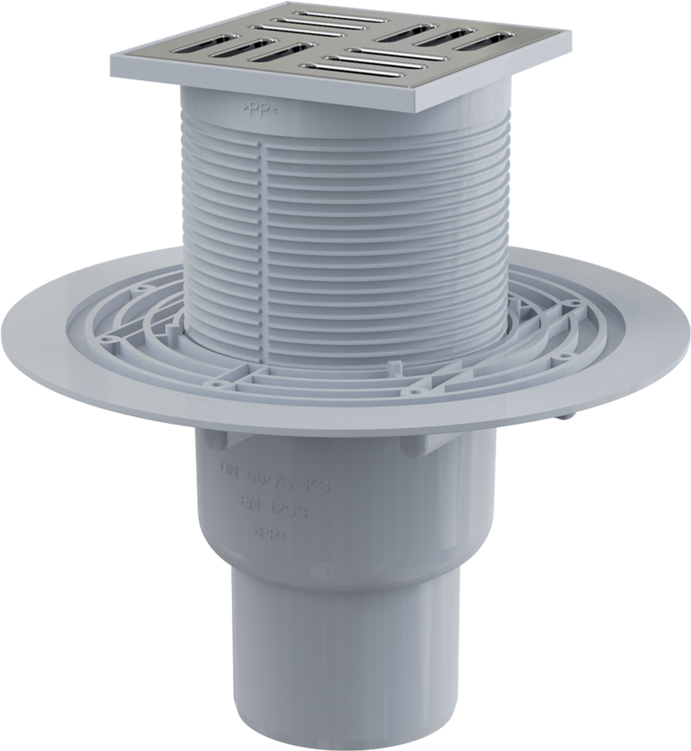 Сливной трап APV201 105 × 105/50/75, подводка – прямая, решетка из нерж стали, гидрозатвор – мокрый