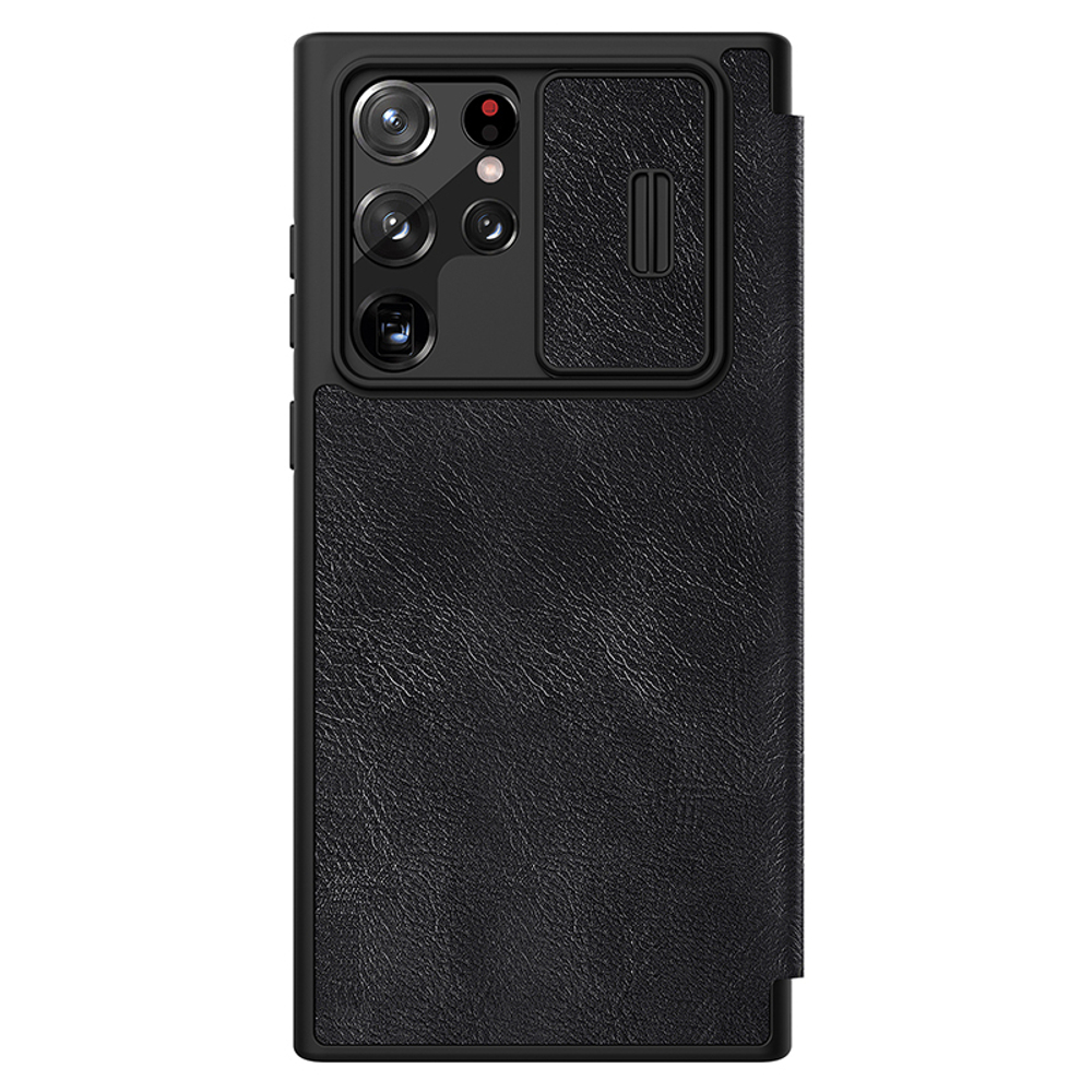 Кожаный чехол книжка от Nillkin для Samsung Galaxy S22 Ultra, черный цвет, серия Qin Pro Leather с защитной шторкой для камеры