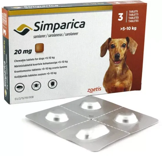 Zoetis таблетки от блох и клещей Симпарика 20 мг для собак 5,1-10 кг для щенков и собак от 5.1 до 10 кг 3 шт. в уп., 1 уп.
