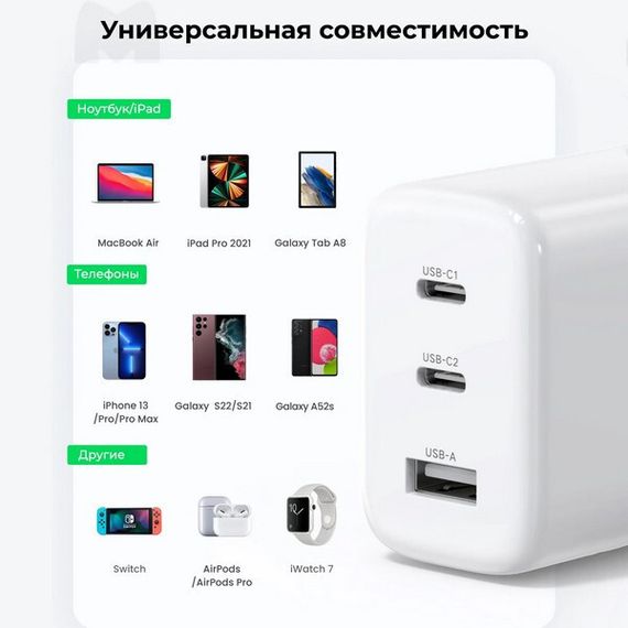 Сетевое зарядное устройство Ugreen CD275 USB-A+2*USB-C 65W (90496) белый