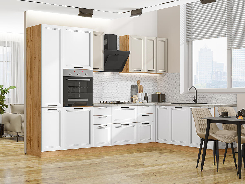 Прямая модульная кухня Нео-03 Cream Silk/White Silk - Дуб Вотан 2140*3000/2100*600