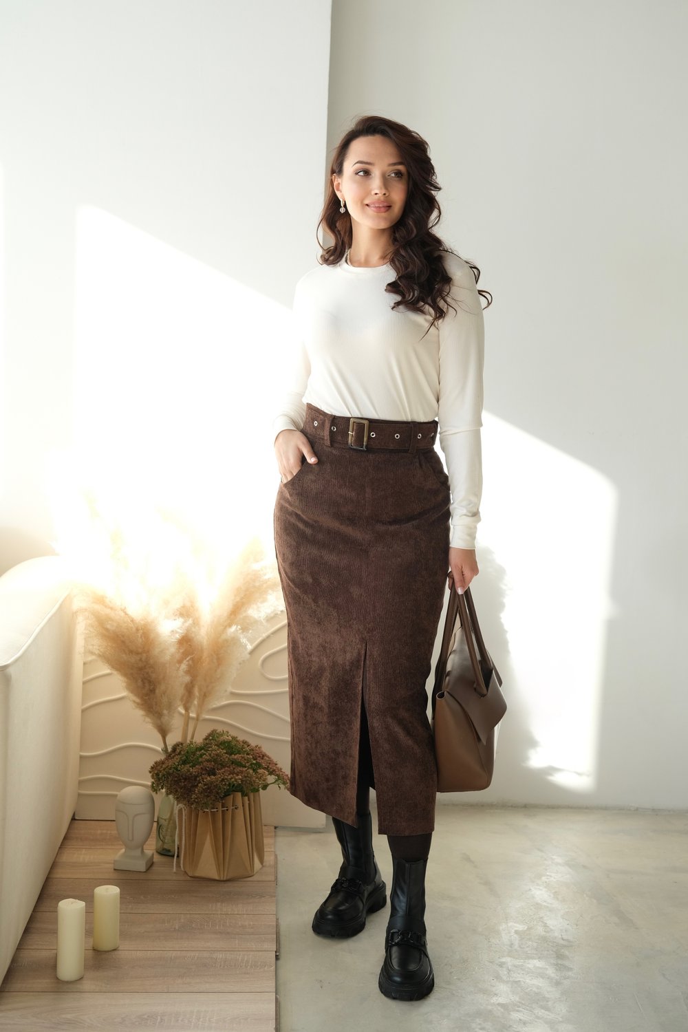 Юбка темно-коричневая из микровельвета