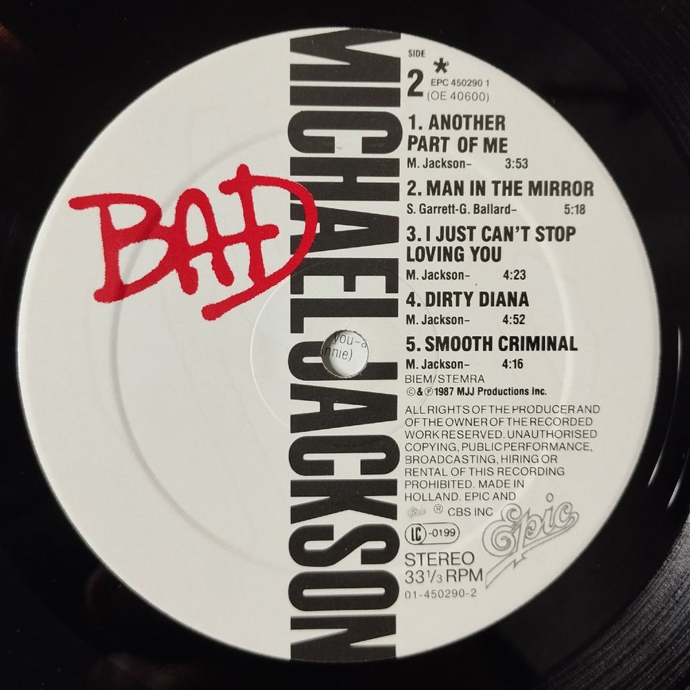 Винтажная виниловая пластинка LP Michael Jackson Bad (Holland 1987)