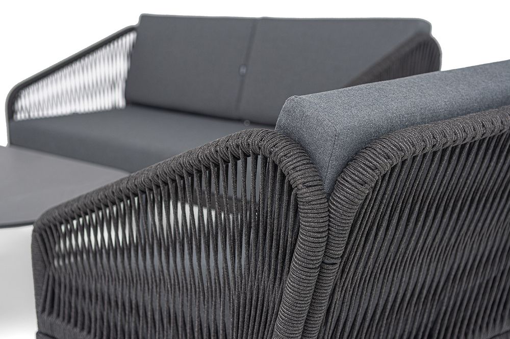 "Канны" лаунж-зона 4-местная (разборная) из роупа со столиком "Диего" цвета "серый гранит", роуп темно-серый круглый, ткань темно-серая