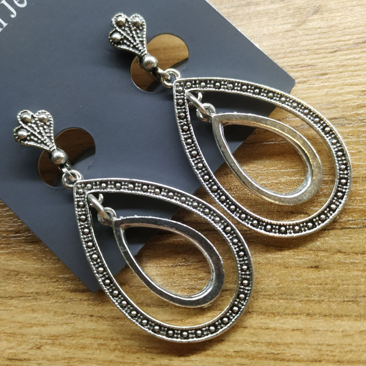 Серьги на англ.заст Bohemia рамка 2 капли металл античный серебристый 6,5х2 см